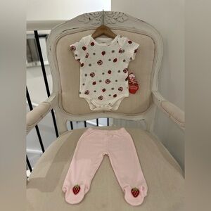 🍓9 Mth White Strawberry Shortcake Cotton Baby One-Piece with Pink Footed Pants